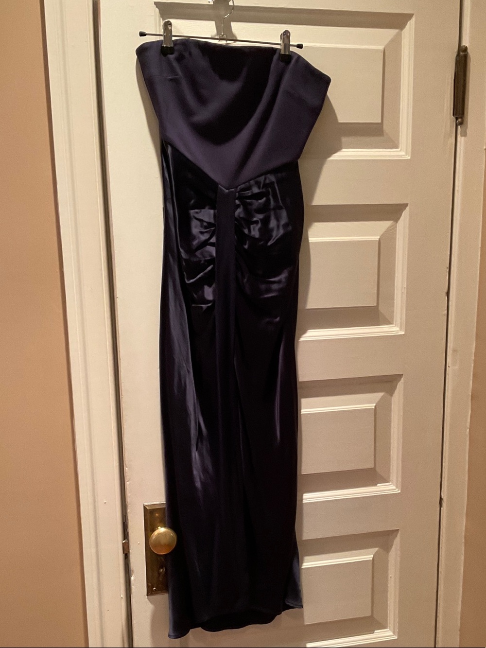 STAUD Strapless Satin Gown in Navy
